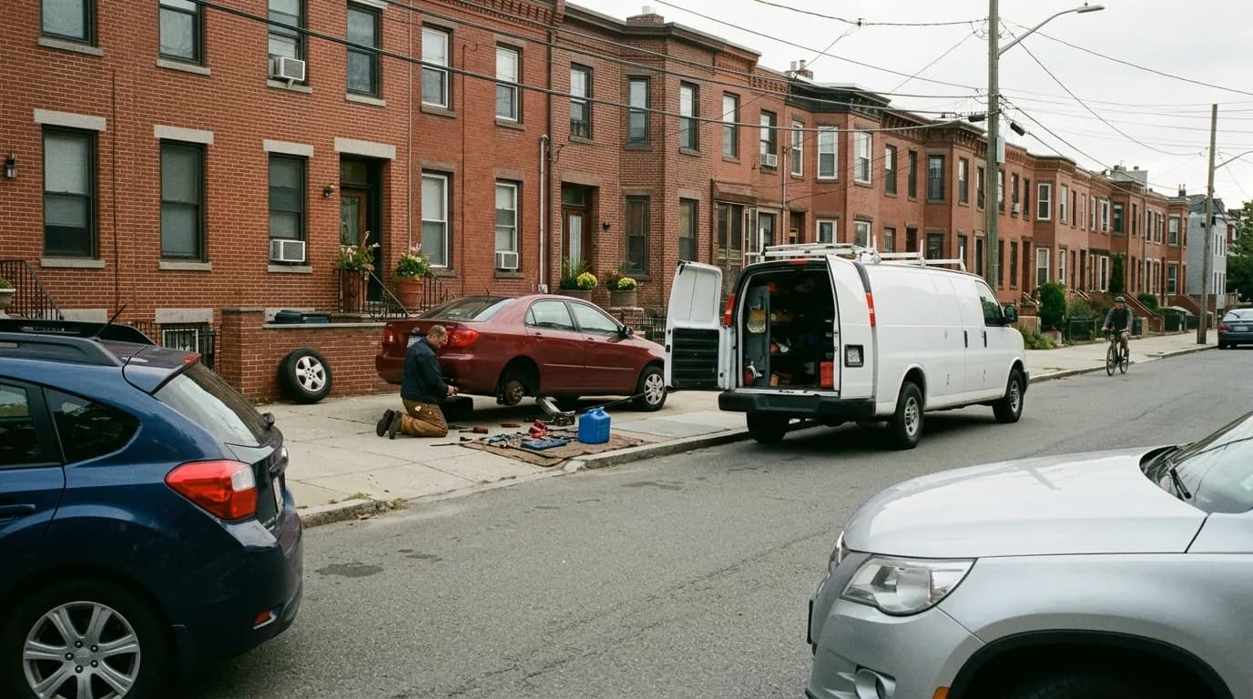Mobile mechanic replacing a brake assembly on a sedan in a Boston driveway, service van parked at the curb