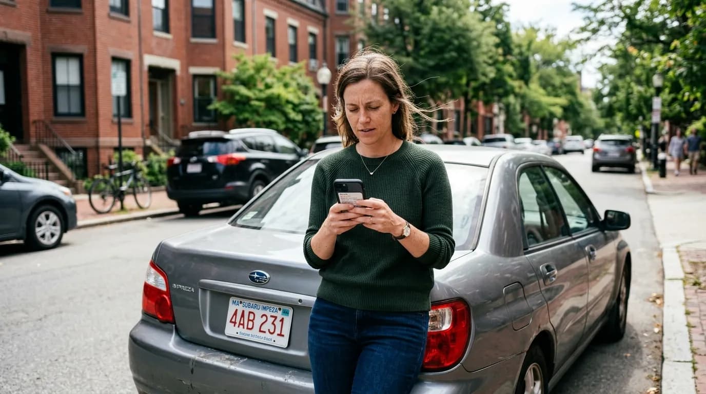 Car owner reading mobile mechanic reviews on her phone next to her sedan
