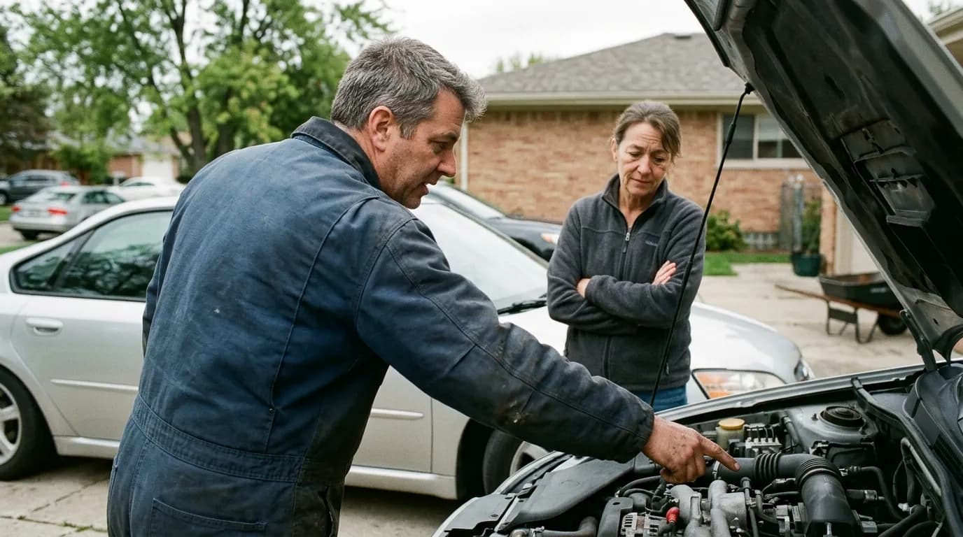Mechanic explaining an engine inspection to a car owner at the open hood