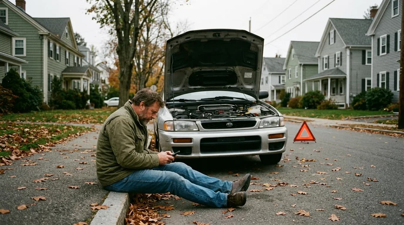Driver waiting on the curb beside his car with the hood open