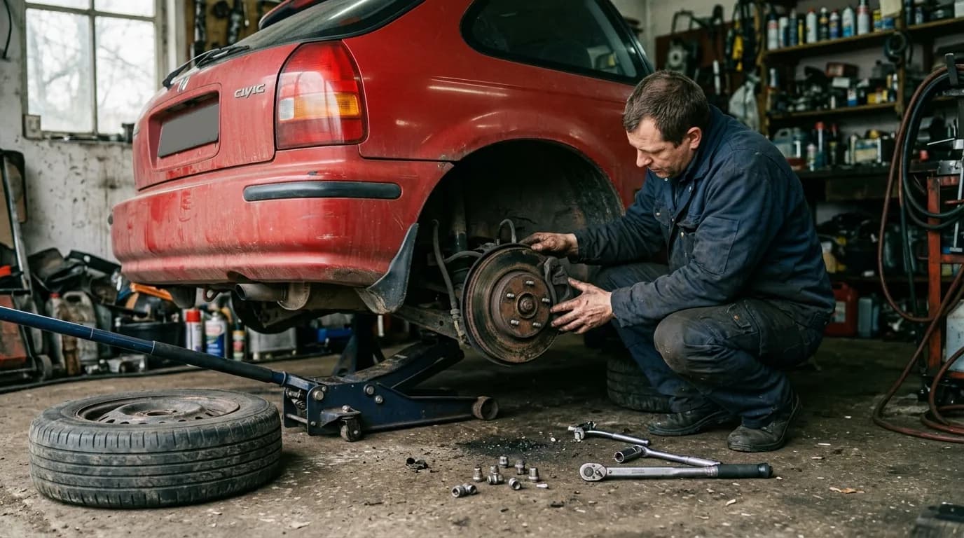 Mechanic inspecting a brake rotor with the wheel removed