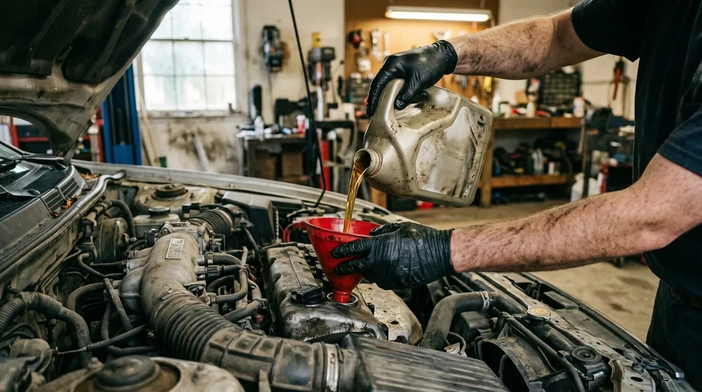 Mechanic pouring fresh engine oil through a funnel