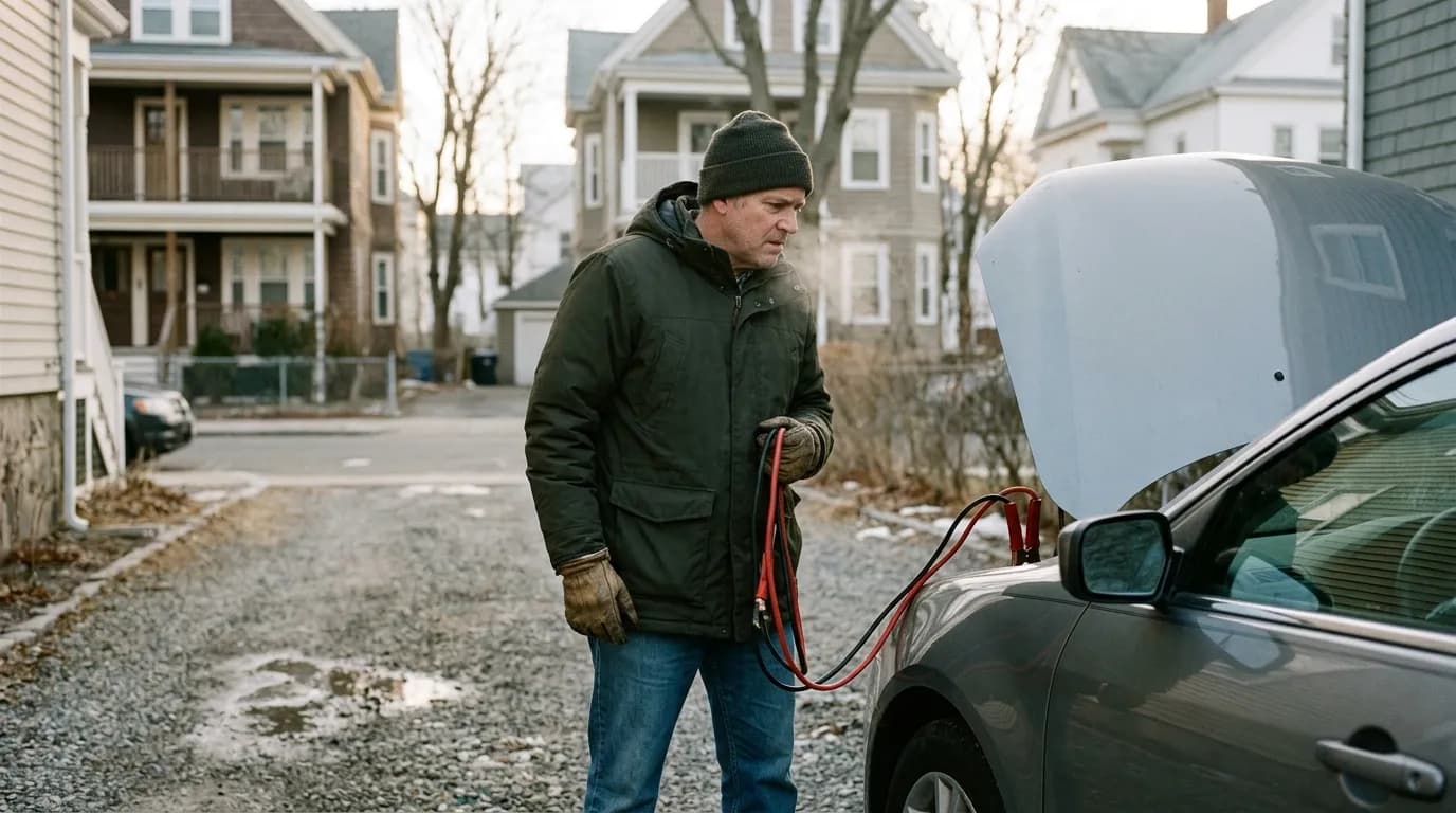 Driver holding jumper cables in front of his car on a cold morning