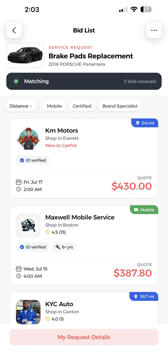 The CarPot bid list for a brake pad replacement, showing three bids received from local shops with their quoted prices.