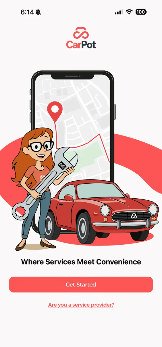 The CarPot app welcome screen: where services meet convenience.