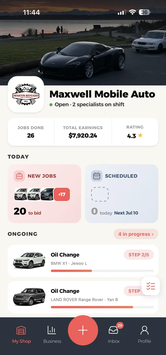 The CarPot provider dashboard: jobs completed, total earnings, rating, and new jobs available to bid on.