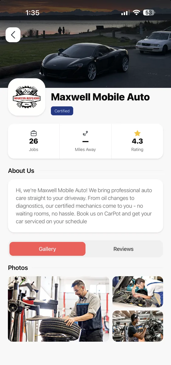 A CarPot shop profile showing rating, completed jobs, customer reviews and a photo gallery of past work.