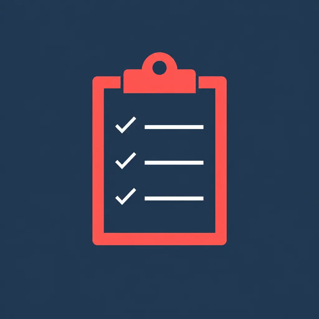 Flat coral illustration of a clipboard with three ticked lines, on a dark navy background